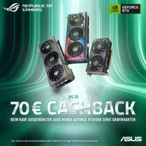 Ausgewählte ASUS NVIDIA GeForce RTX 4000 Grafikkarten jetzt mit bis zu 70 Euro Cashback!