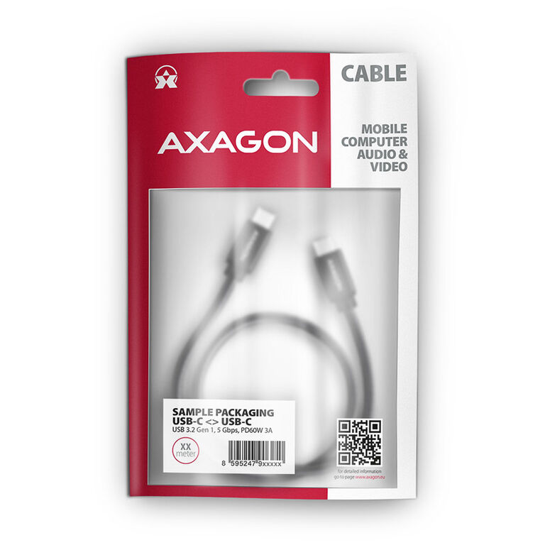 AXAGON BUCM3-CM30AB USB-C zu USB-C Kabel 3.2 Gen 1, 3 m, PD 60W, 3A, geflochten - schwarz image number 1
