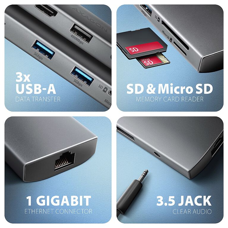 AXAGON HMC-8HLSA USB-C 3.2 Gen 1 hub, 3x USB-A + 4K/30Hz HDMI + SD/microSD, GLAN, Audio, PD 100W, 20cm USB-C cable image number 3