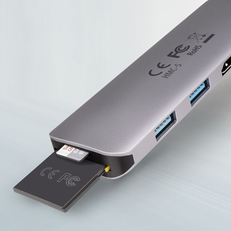 AXAGON HMC-5 USB-C Hub, 2x USB-A, HDMI, 2x USB-C 3.2 Gen 1, 1x SD, 1x microSD, silver image number 1