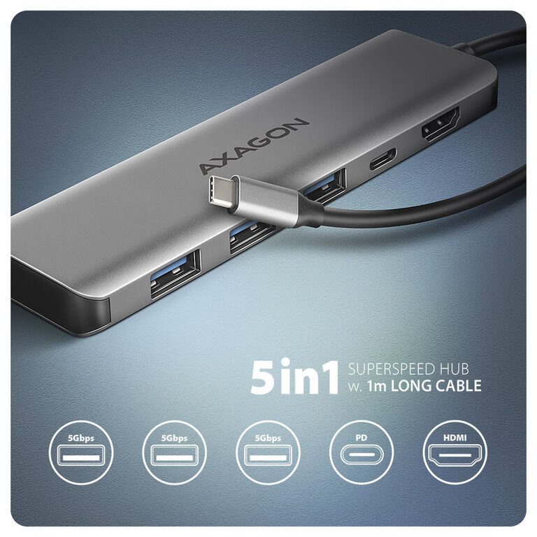 AXAGON HMC-5H USB-C 3.2 Gen 1 hub, 3x USB-A, 4K HDMI, PD 100W, 100cm USB-C cable image number 2