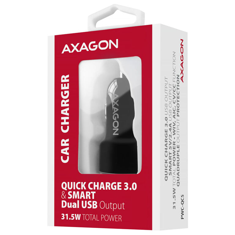 AXAGON PWC-QC5 car charger, 1x USB-A QC 3.0 + 1x USB-A SmartCharge, 31.5 W, CL plug - black image number 7