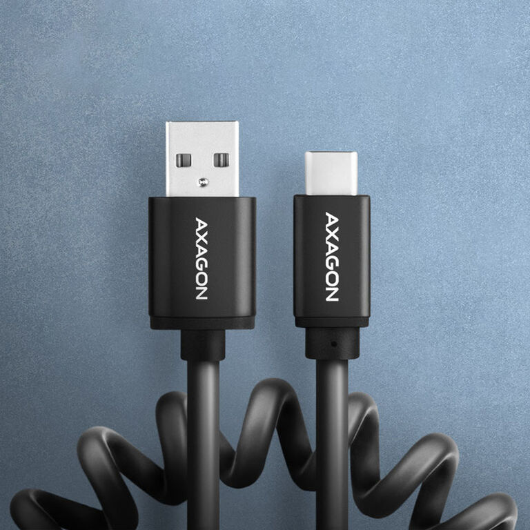 AXAGON BUCM-AM20TB coiled cable, USB-C to USB-A, 1 m, USB 2.0, 2.4 A, aluminium, PVC - Black image number 1