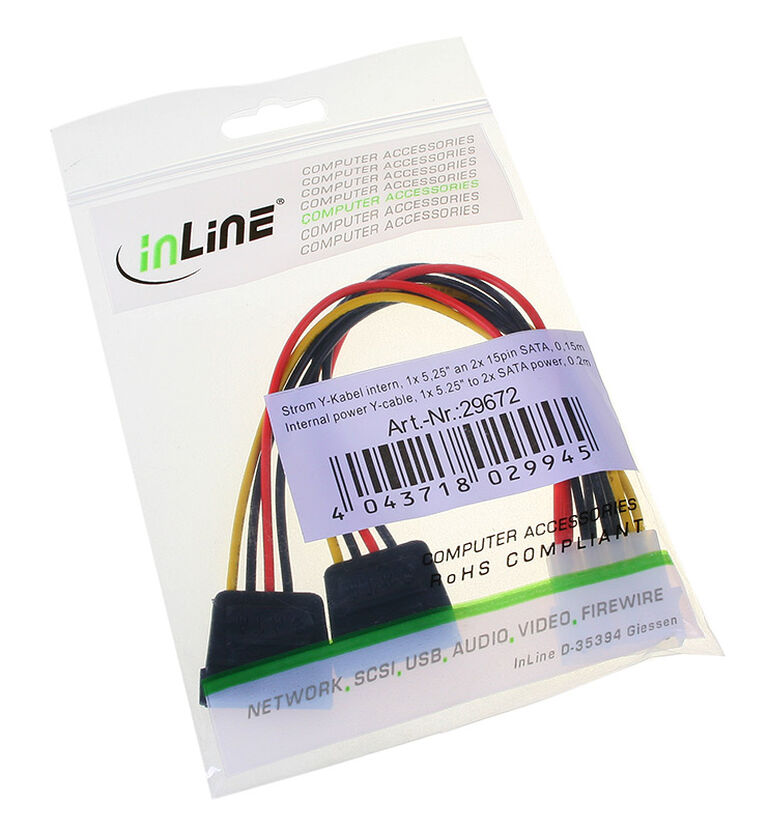 InLine 4-pin Molex power Y-cable to 2x SATA power - 0.15m image number 1
