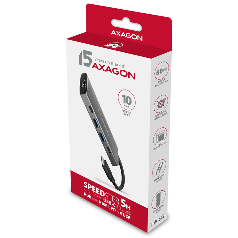 AXAGON HMC-5G2 Multiport Hub, USB 3.2 Gen2, HDMI, 2x USB-A, 2x USB-C image number 3