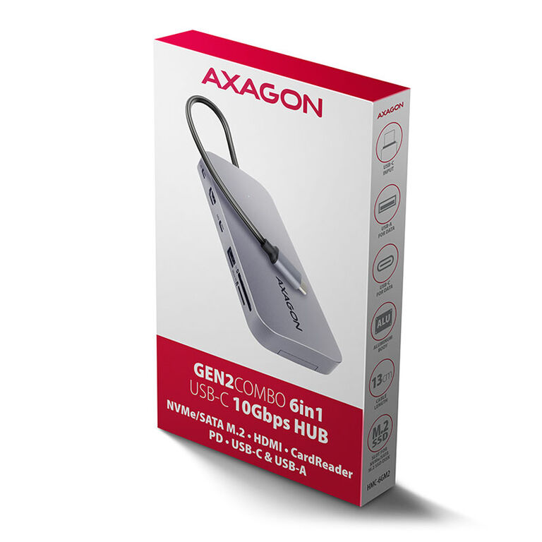 AXAGON HMC-6GM2 Multiport Hub, USB-C 3.1, M.2-NVMe/SATA, HDMI, Gbit LAN, 1x USB-A, 1x USB-C, CR image number 6