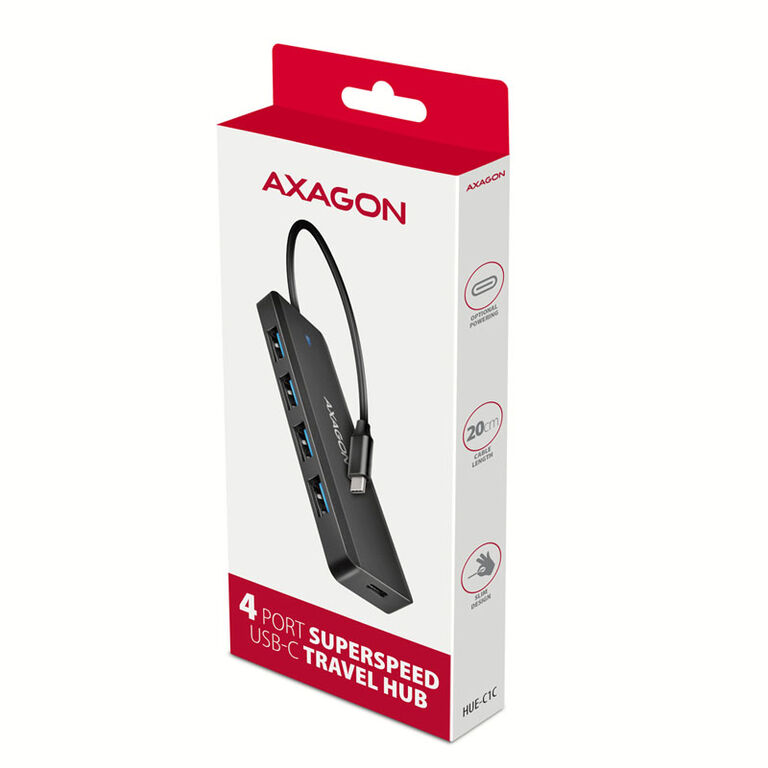 AXAGON HUE-C1C Superspeed USB-C Travel Hub, 4x USB 3.0 - 20cm, black image number 6