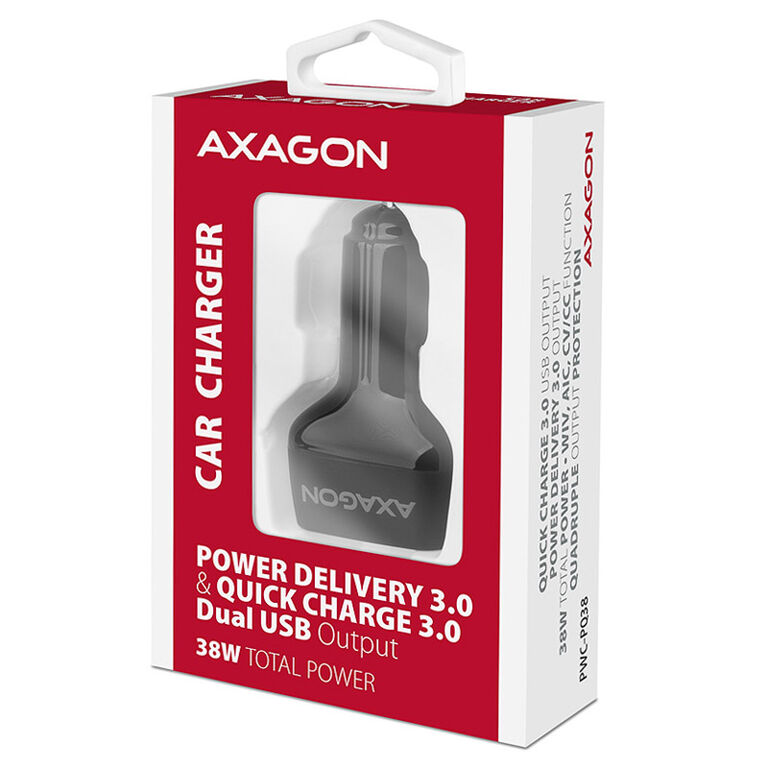 AXAGON PWC-PQ38 car charger, 1x USB-A QC 3.0 + 1x USB-C PD, 38W, CL plug - black image number 4