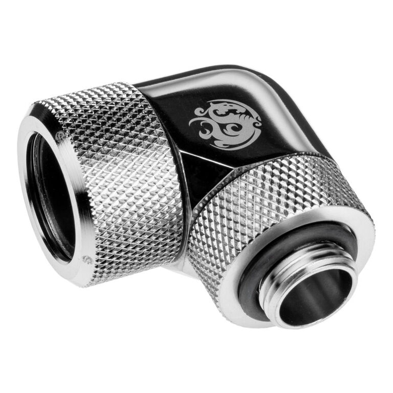 Bitspower Advanced Adapter 90 Degree G1/4 Inch Female to 16mm OD Hardtube - Rotatable, Silver image number 1