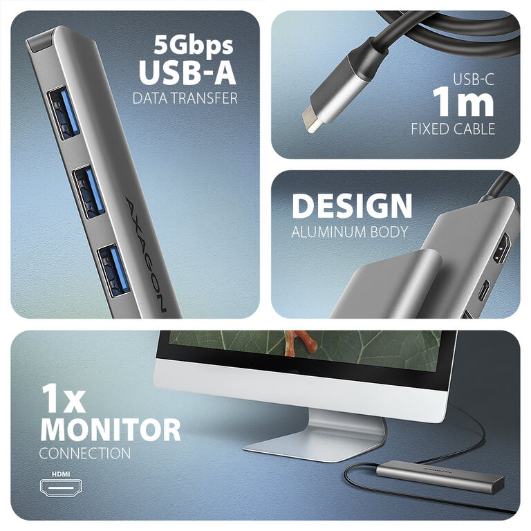 AXAGON HMC-5H USB-C 3.2 Gen 1 hub, 3x USB-A, 4K HDMI, PD 100W, 100cm USB-C cable image number 3