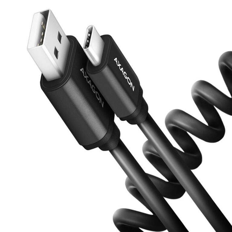 AXAGON BUCM-AM20TB coiled cable, USB-C to USB-A, 1 m, USB 2.0, 2.4 A, aluminium, PVC - Black image number 0