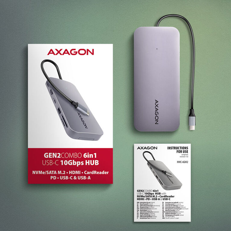 AXAGON HMC-6GM2 Multiport Hub, USB-C 3.1, M.2-NVMe/SATA, HDMI, Gbit LAN, 1x USB-A, 1x USB-C, CR image number 5