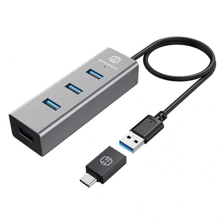 Grey USB Hub, 4 ports, including USB-C adapter image number 0