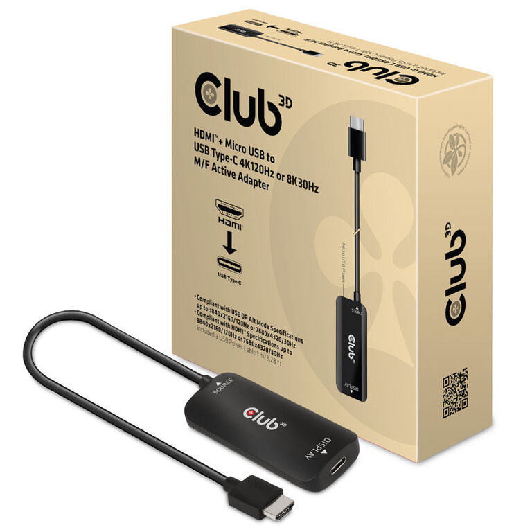 Club 3D HDMI + Micro USB to USB Type-C 4K120Hz/8K30Hz, active adapter image number 0