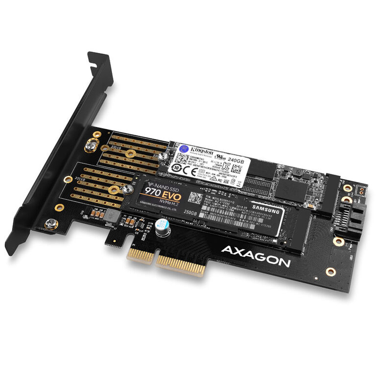 AXAGON PCEM2-D PCIe 3.0 adapter, 1x M.2 NVMe, 1x M.2 SATA, up to 22110 - passive cooling image number 2