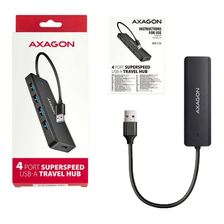 AXAGON HUE-C1A Superspeed USB-A Travel Hub, 4x USB 3.0 - 20cm, black image number 5