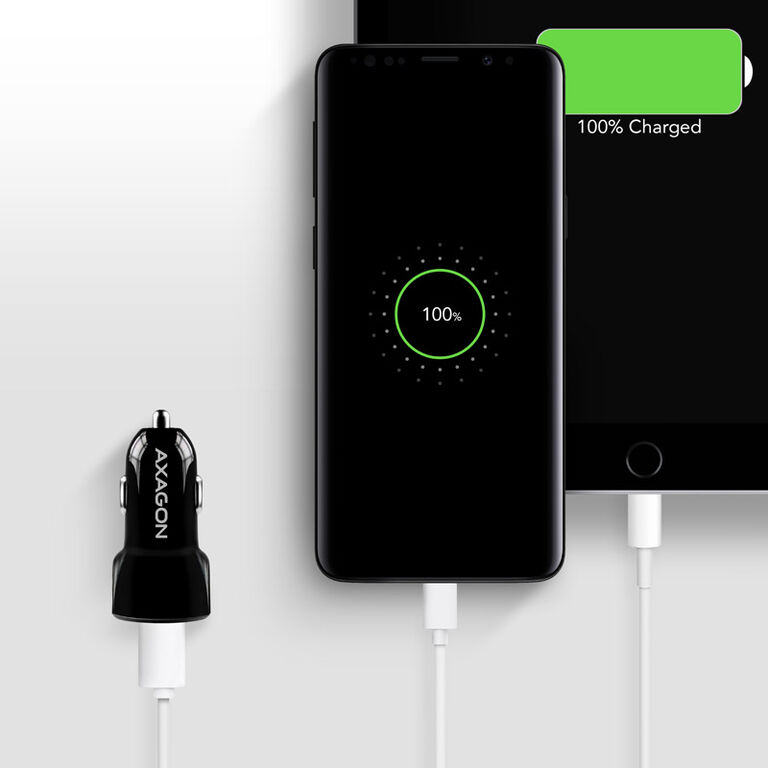 AXAGON PWC-QC5 car charger, 1x USB-A QC 3.0 + 1x USB-A SmartCharge, 31.5 W, CL plug - black image number 1