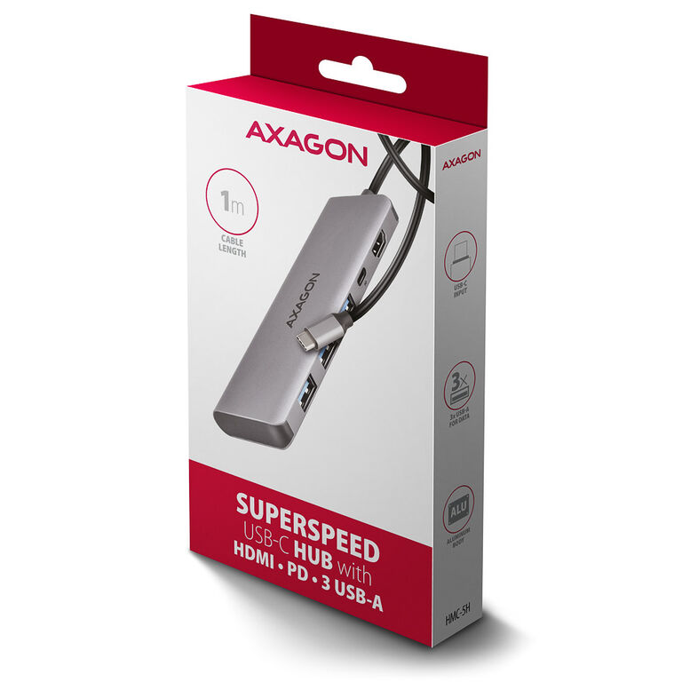 AXAGON HMC-5H USB-C 3.2 Gen 1 hub, 3x USB-A, 4K HDMI, PD 100W, 100cm USB-C cable image number 4