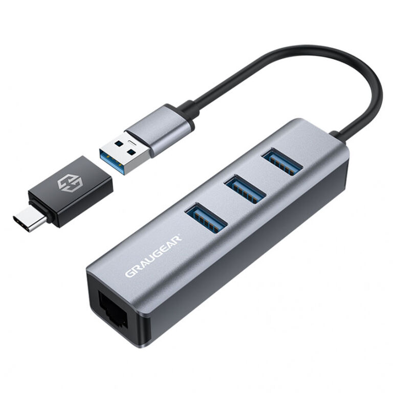 Graygear USB hub, 3x USB 3.0 Type-A Gbit LAN, including USB-C adapter - silver image number 0