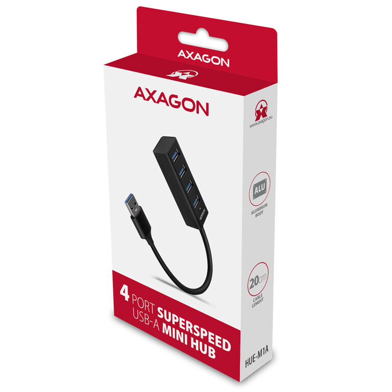 AXAGON HUE-M1A Superspeed USB-A Mini Hub, 4x USB 3.0 - 20cm, black image number 2