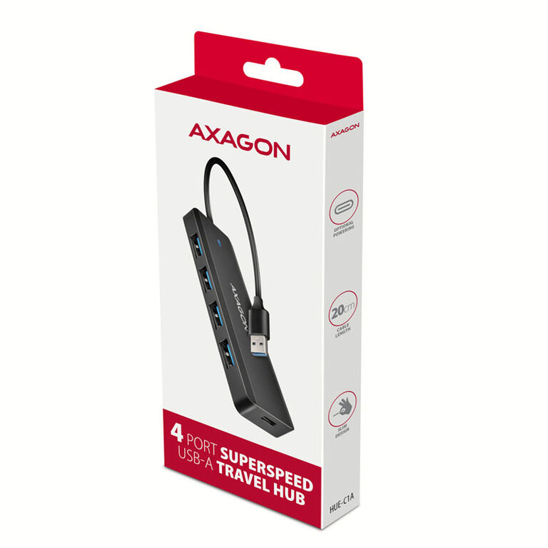 AXAGON HUE-C1A Superspeed USB-A Travel Hub, 4x USB 3.0 - 20cm, black image number 6