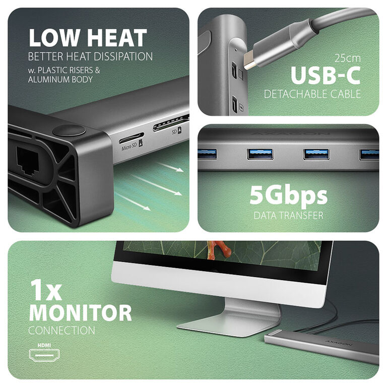 AXAGON HMC-10HLS Multiport Hub, 4x USB-A and 2x USB-C, HDMI 4K/60Hz, RJ-45, SD/microSD, PD 100W image number 4