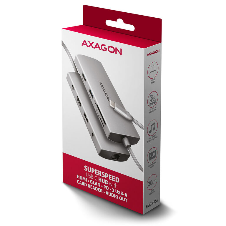 AXAGON HMC-8HLSA USB-C 3.2 Gen 1 hub, 3x USB-A + 4K/30Hz HDMI + SD/microSD, GLAN, Audio, PD 100W, 20cm USB-C cable image number 5