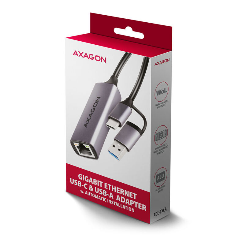 AXAGON ADE-TXCA Gigabit Ethernet  Adapter, USB-C + USB-A - titangrau image number 6