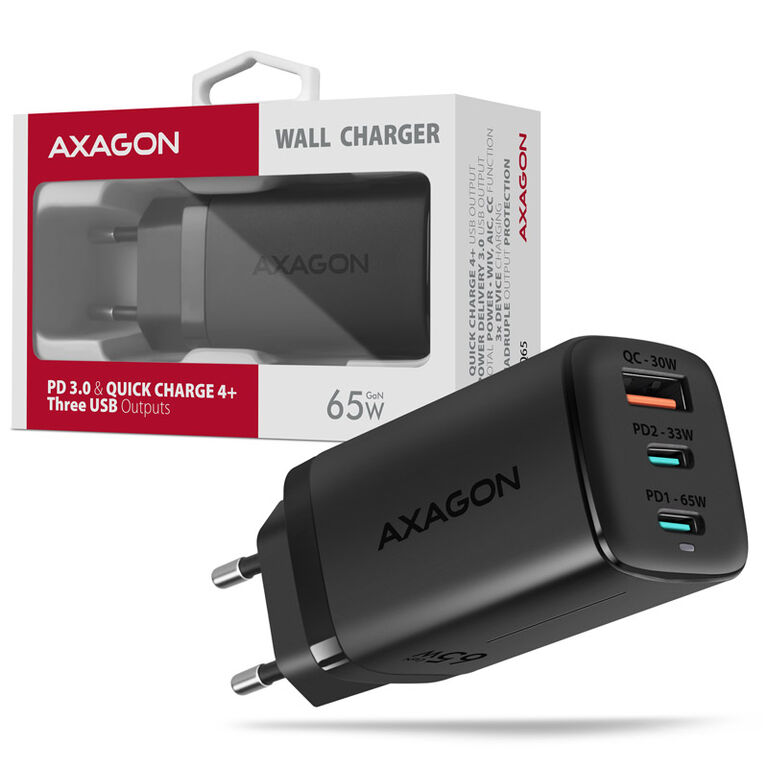AXAGON ACU-DPQ65 charger, 2x USB-C, 1x USB-A, PD3.0/QC4+/PPS, 65W - black image number 3