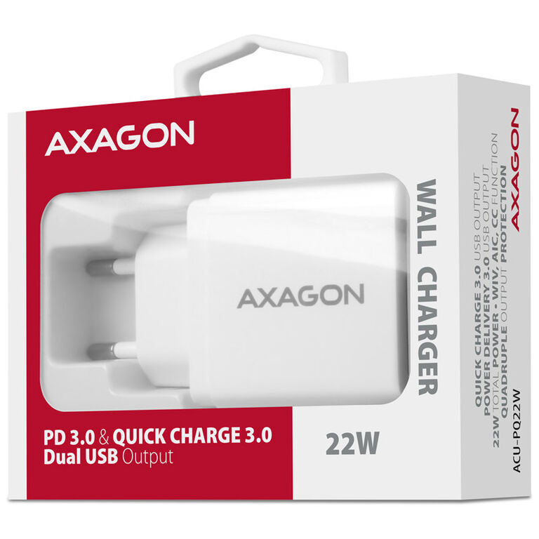 AXAGON ACU-PQ22W charger, 1x USB-C, 1x USB-A, PD3.0/QC3.0, 22 W - white image number 2