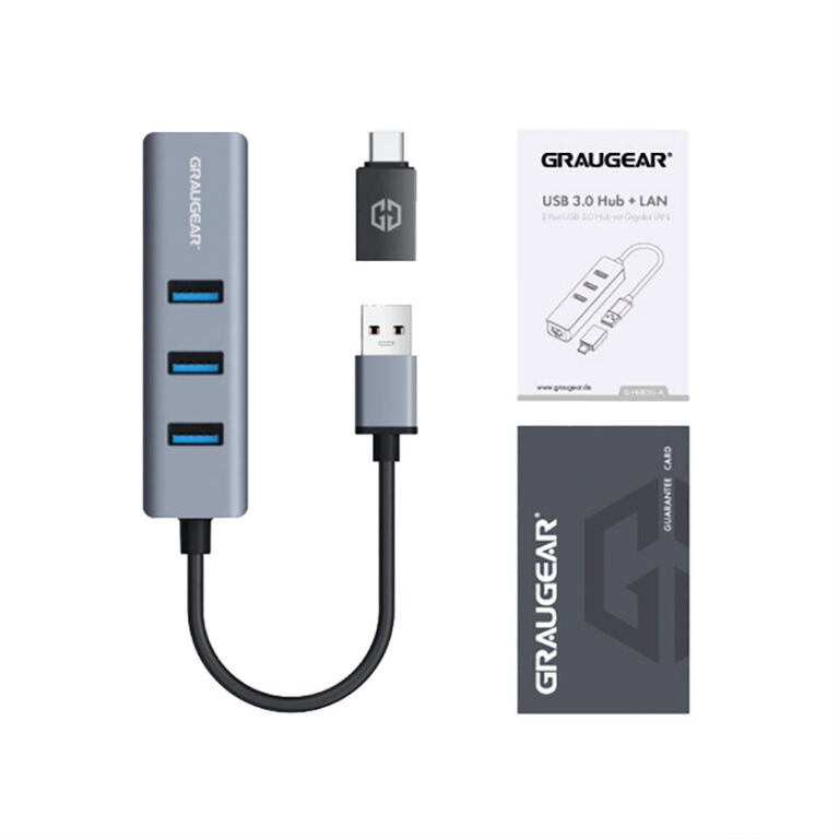 Graygear USB hub, 3x USB 3.0 Type-A Gbit LAN, including USB-C adapter - silver image number 2