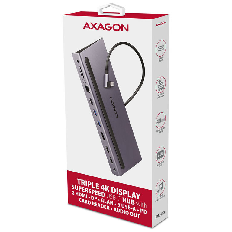 AXAGON HMC-4KX3 USB 3.0 Hub, MiniDP + 2x HDMI, LAN, PD, 3x USB-A, SD card reader, audio image number 6