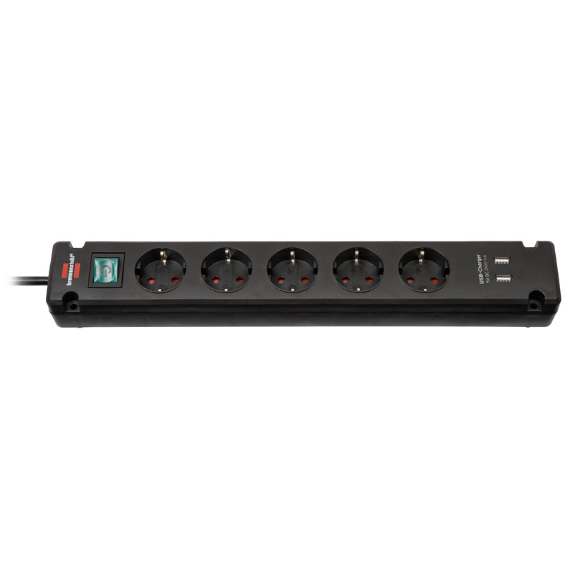 Brennenstuhl Bremounta Power Strip, 5-way, USB Charging Function - Black